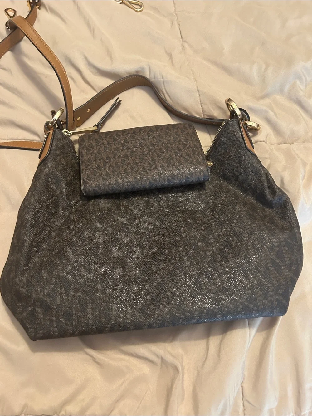 Michael Kors Dark Brown Monogram Hobo with Tan Strap and Matching Wallet
